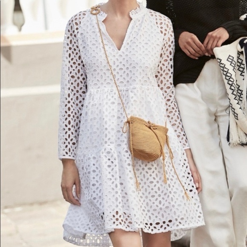 J. Crew Dress XS White Eyelet Tiered V-Neck Long Sleeve Knee Length A-Line